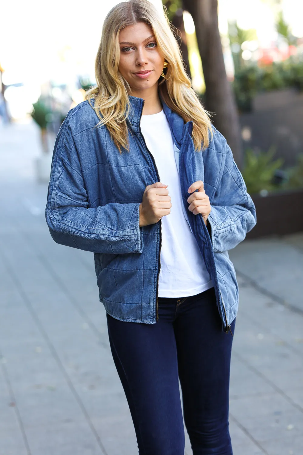 Be Your Best Denim Cotton Quilted Zip Up Jacket