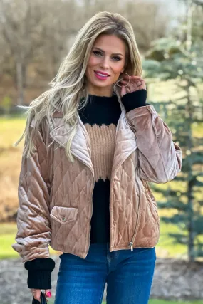 Best Surprise Quilted Velvet Moto Jacket : Tan