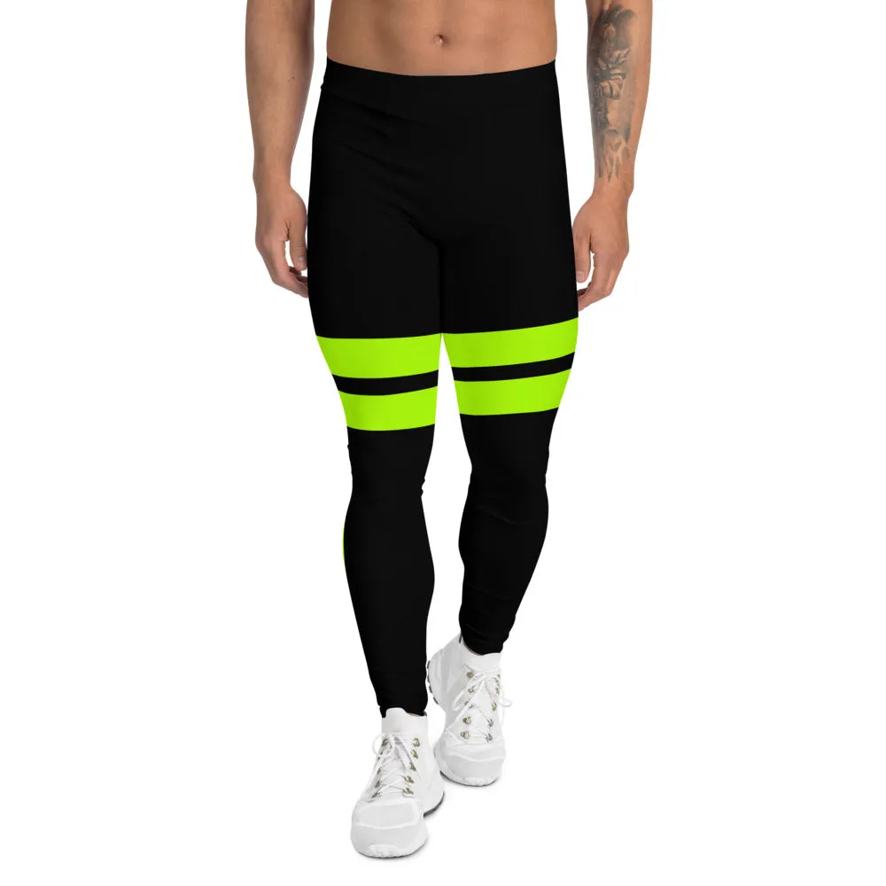 Black Neon Green Men's Leggings, Green Designer Premium Striped Meggings - Made in USA/EU/MX