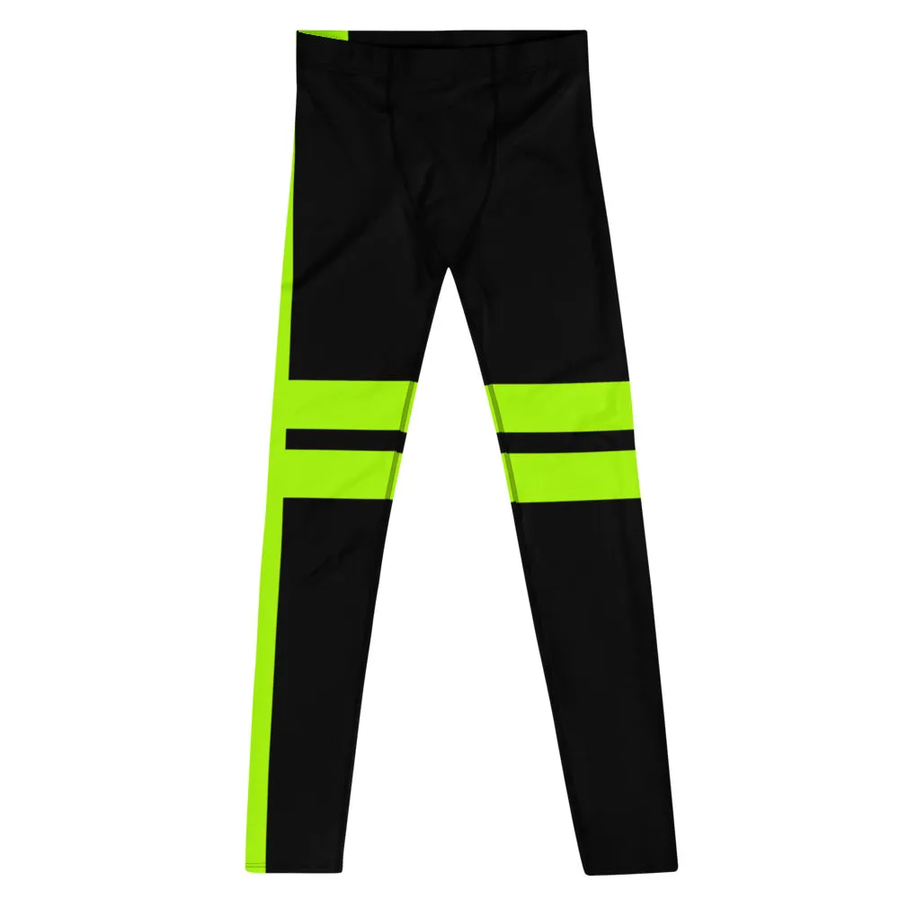 Black Neon Green Men's Leggings, Green Designer Premium Striped Meggings - Made in USA/EU/MX