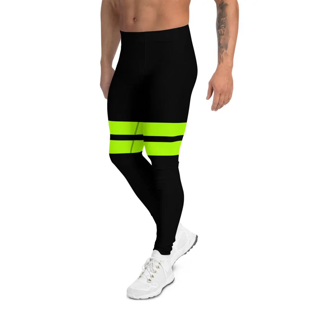 Black Neon Green Men's Leggings, Green Designer Premium Striped Meggings - Made in USA/EU/MX