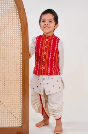 Boy Jacquard Multi 3 Pc Bundi Set - Cream