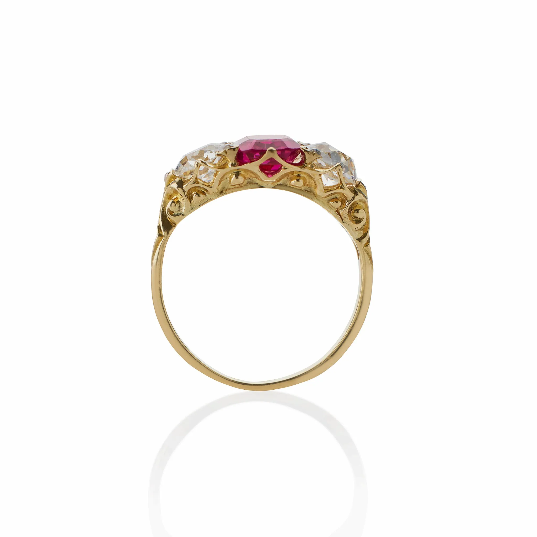 Burmese Natural No Heat Ruby and Old Mine-cut Diamond Ring