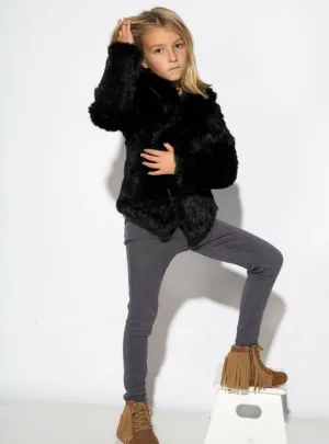 Children's Black Knitted Rabbit Fur Jacket with Hood