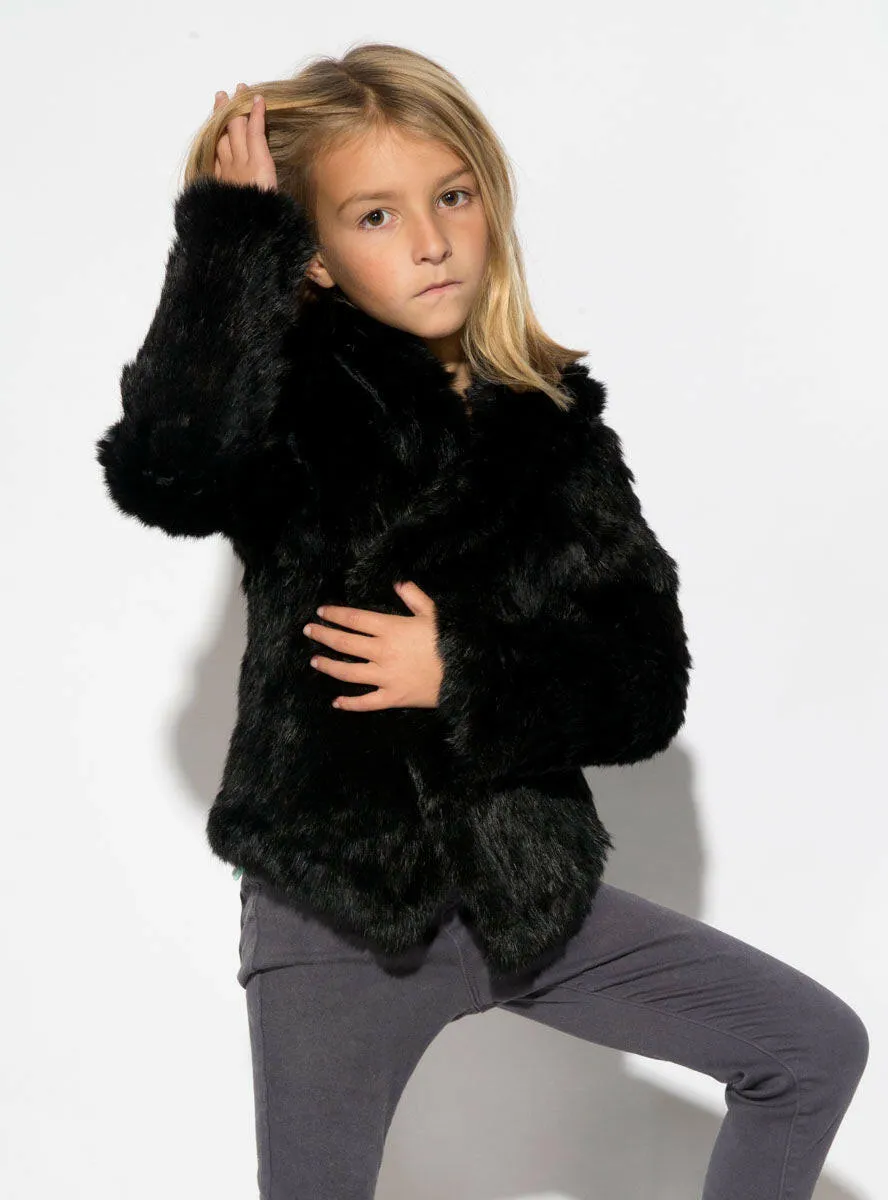 Children's Black Knitted Rabbit Fur Jacket with Hood