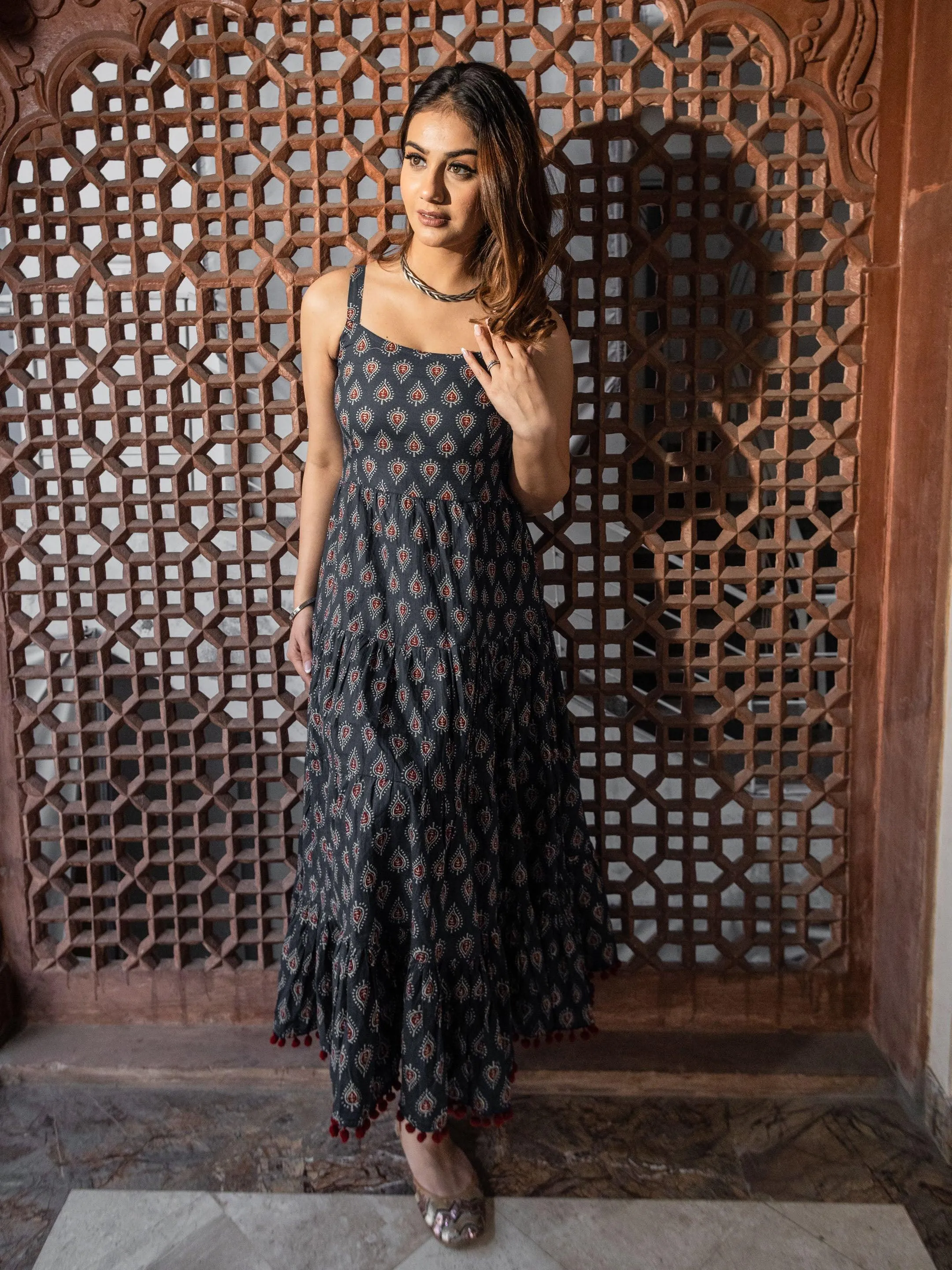 Divena Navy Blue Buti Printed Shoulder Strip Long dress