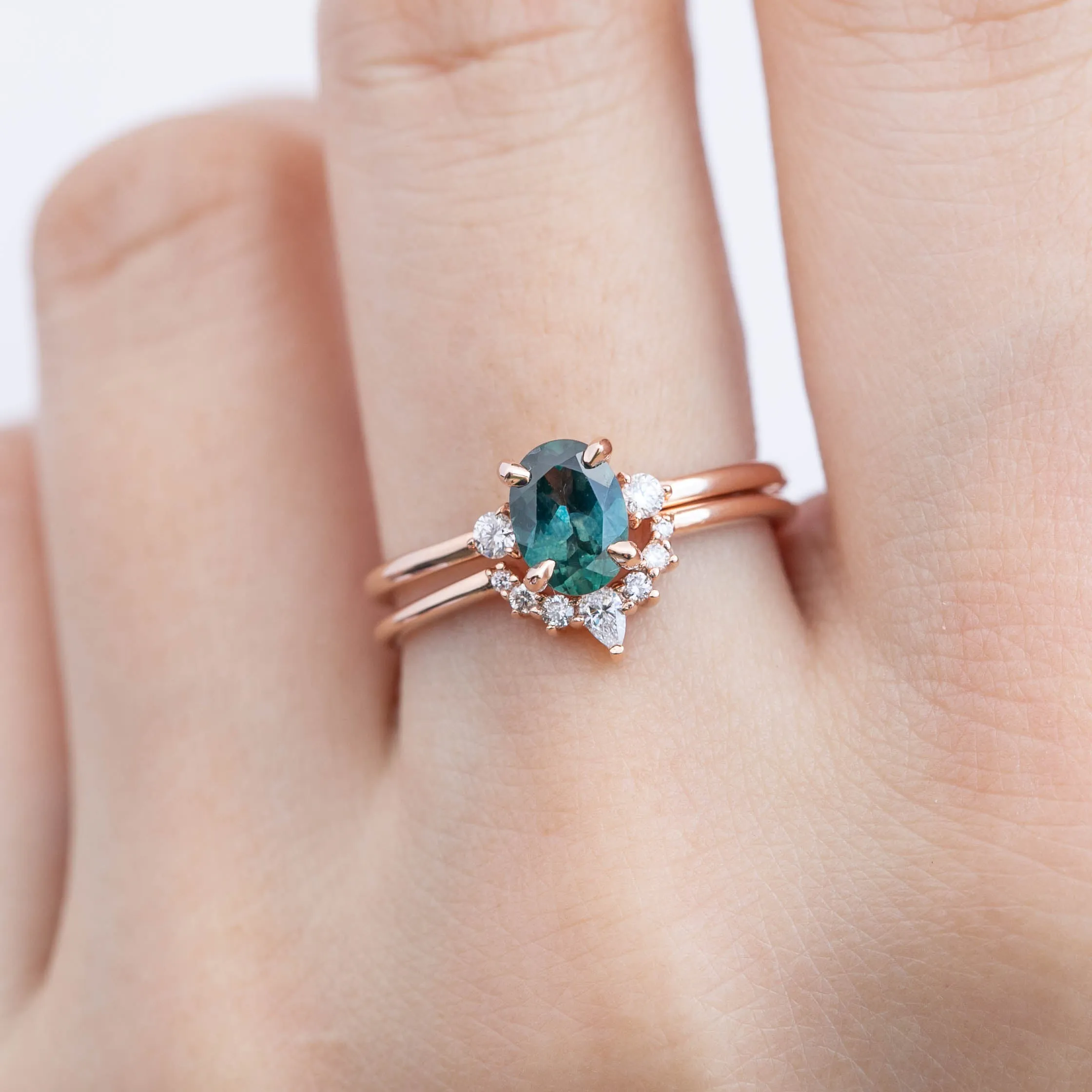 Emilie Ring - 1.01ct Peacock Green Montana Sapphire, 14k rose gold (One of a kind)