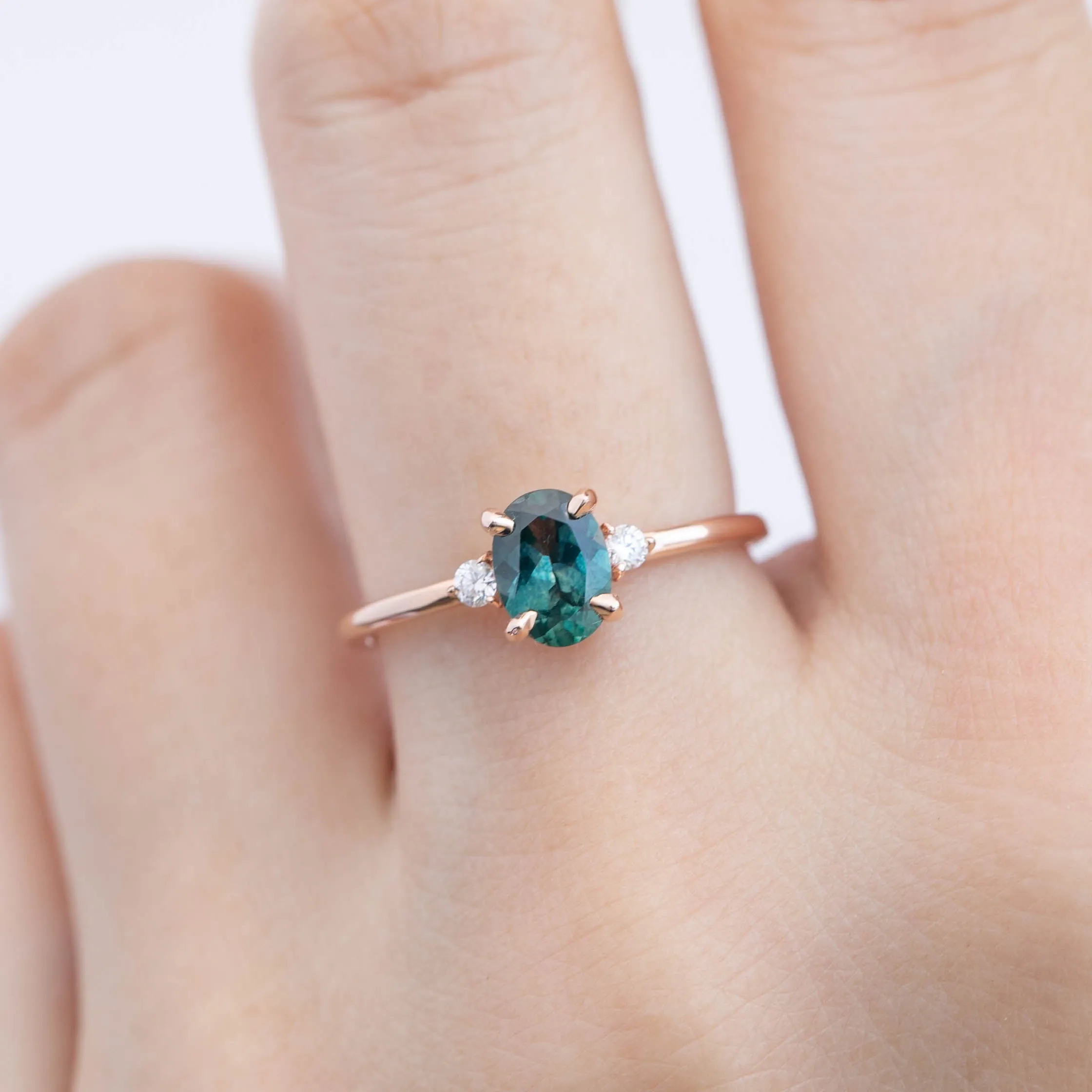 Emilie Ring - 1.01ct Peacock Green Montana Sapphire, 14k rose gold (One of a kind)