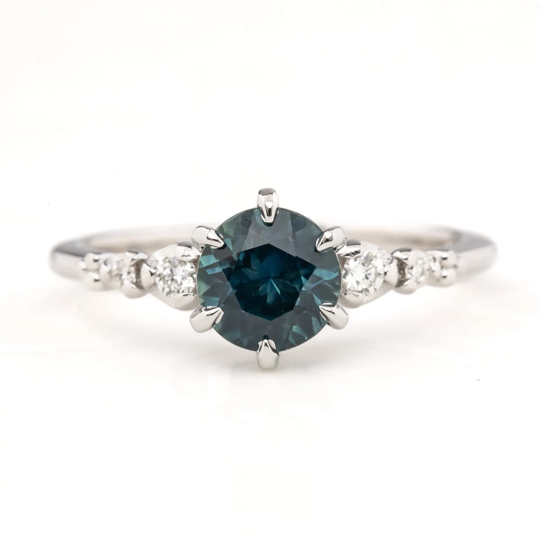 Estel Fleur Ring 1.42ct Deep Teal Blue Montana Sapphire, 14k White Gold (One of a kind)