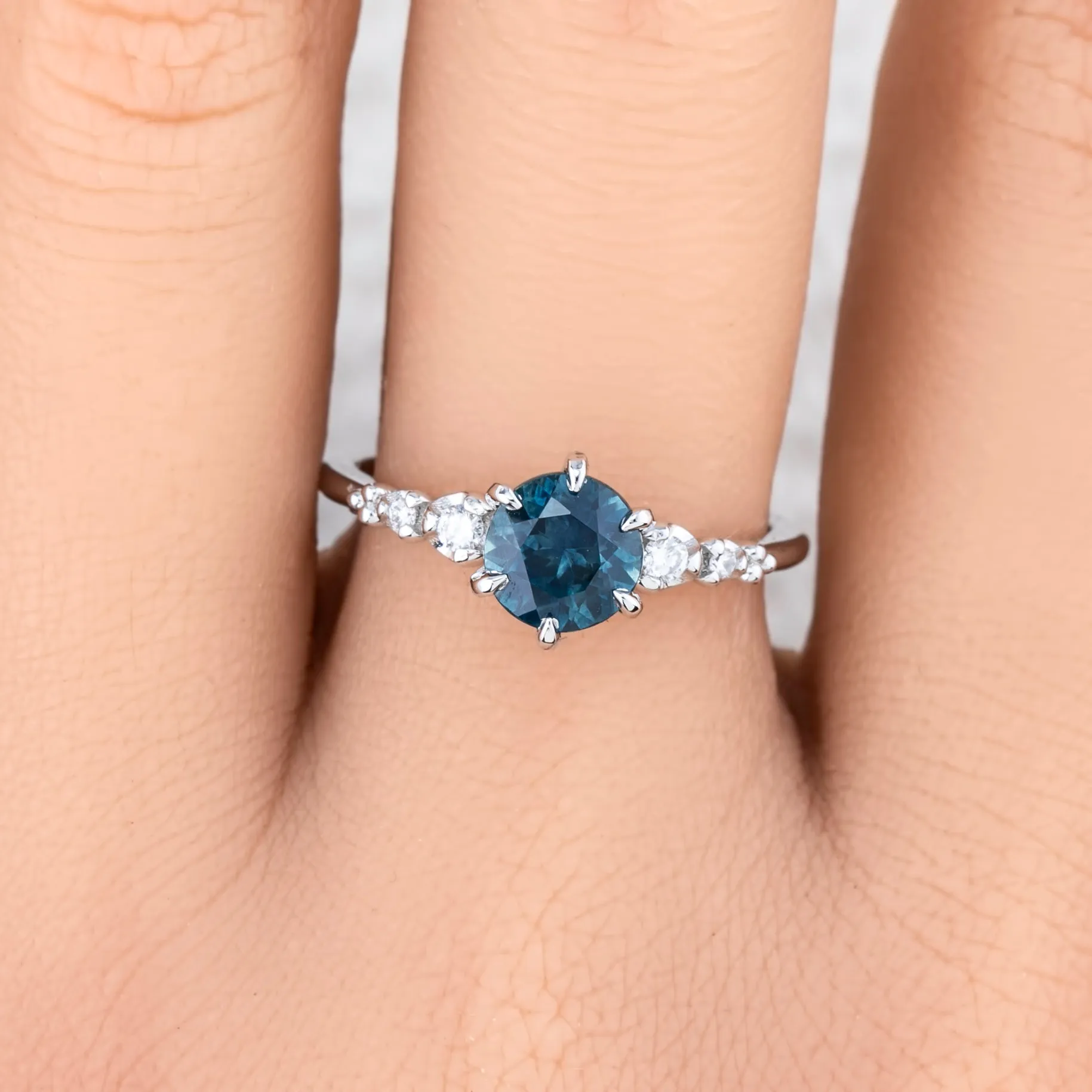 Estel Fleur Ring 1.42ct Deep Teal Blue Montana Sapphire, 14k White Gold (One of a kind)