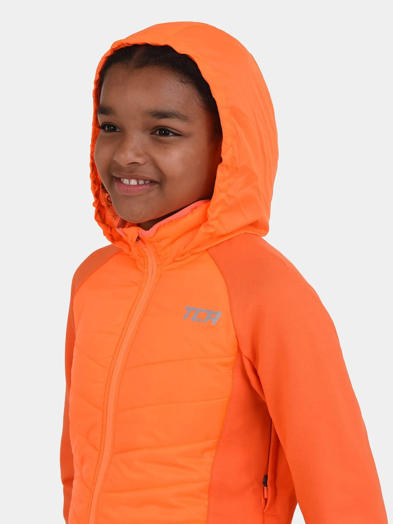 Excel Running Padded Packable Hooded Jacket For Girls With Thumbholes, Underarm Ventilation Zips, Zip Pockets & Reflective Strips