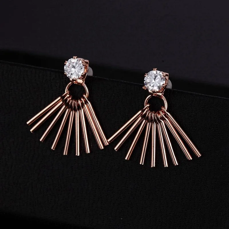 Geometric Tassel Rose Gold CZ Solitaire Ear jacket Stud Earrings