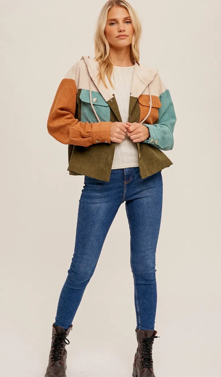 Hem & Thread Color Block Corduroy Crop Jacket