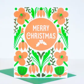 neon Christmas card, neon folk art inspired Christmas card, neon floral Christmas card