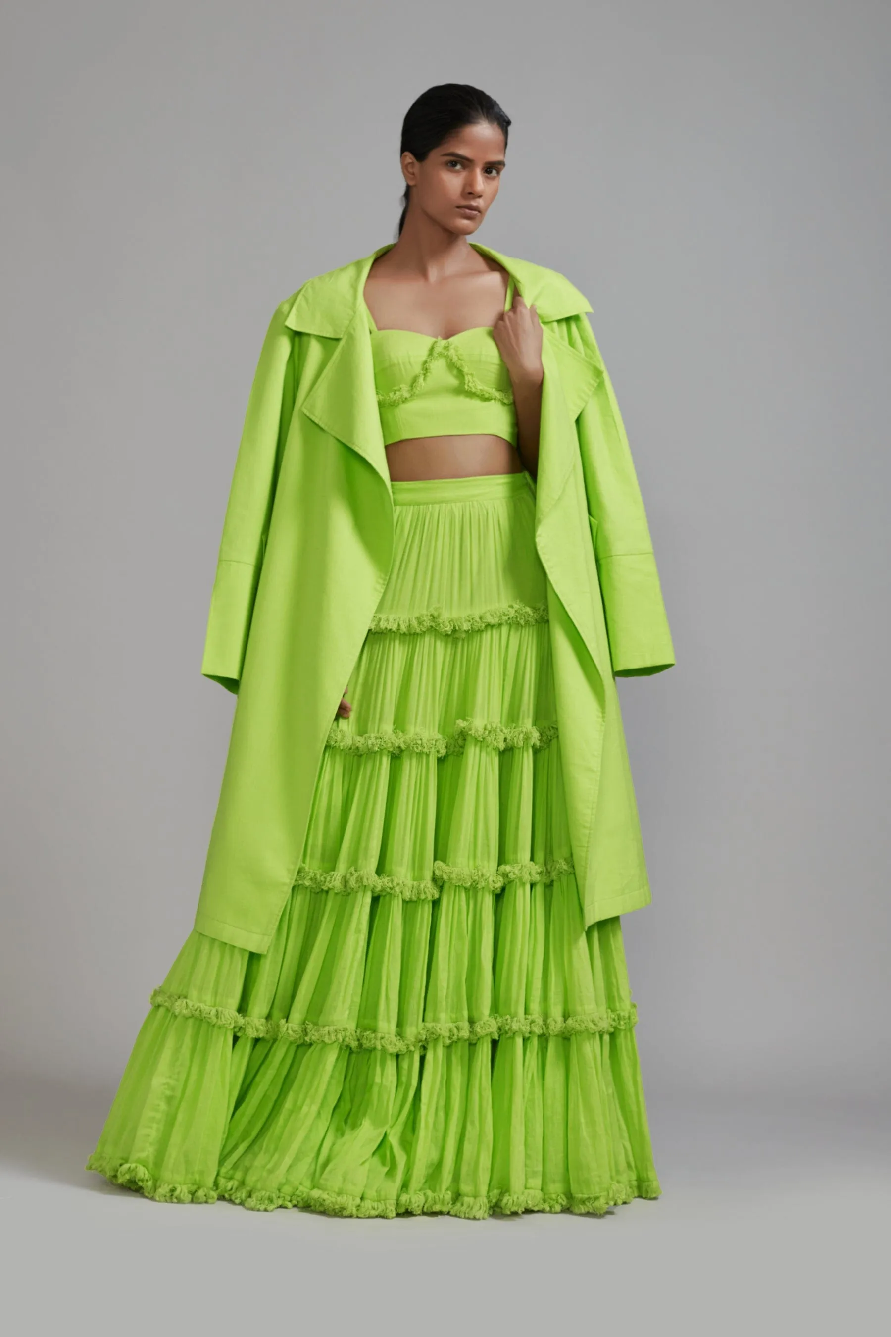 Neon Green Fringed Tiered Lehenga Jacket Set (3 PCS)