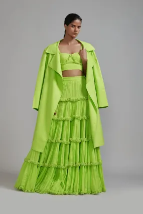 Neon Green Fringed Tiered Lehenga Jacket Set (3 PCS)