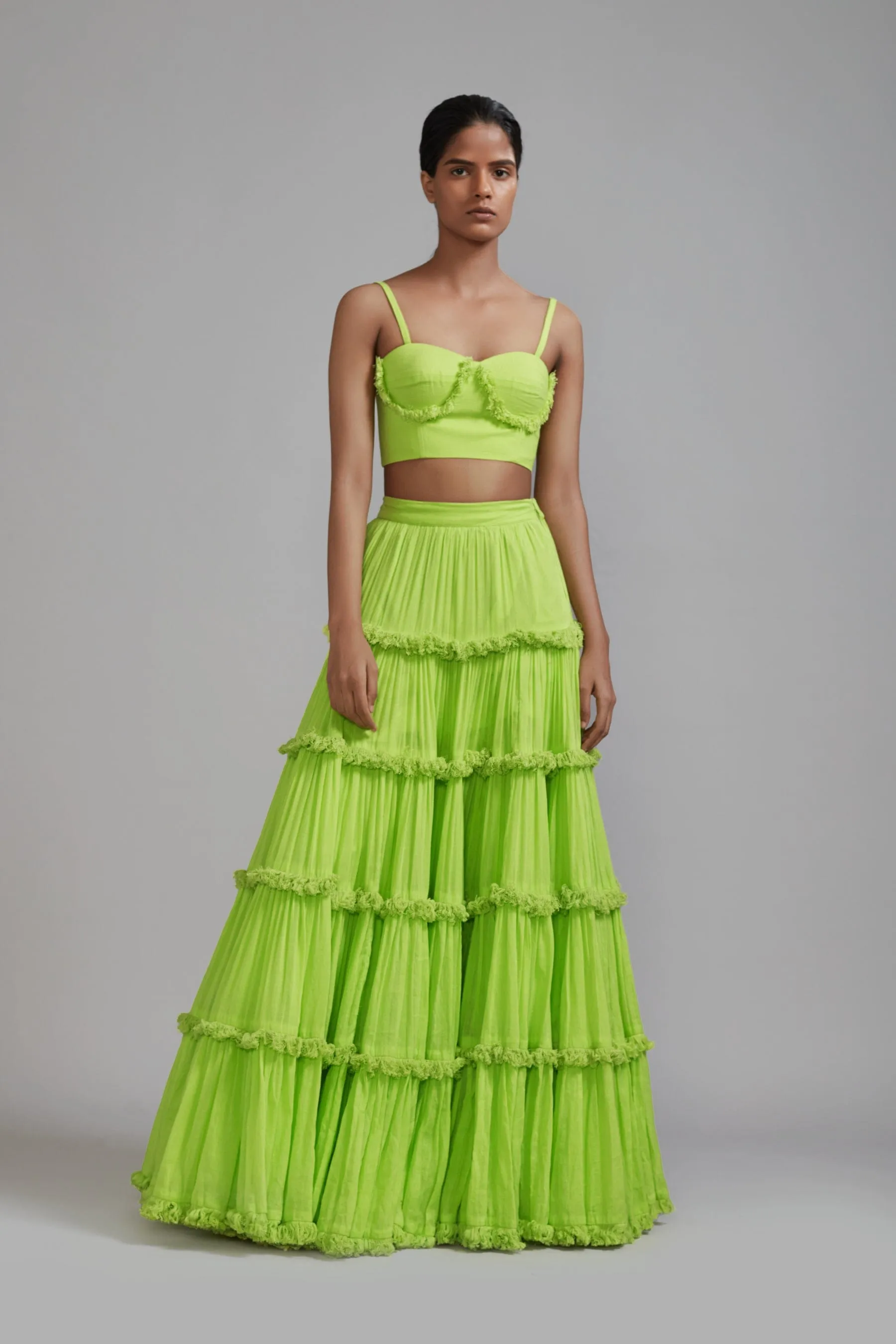 Neon Green Fringed Tiered Lehenga Set (2 PCS)