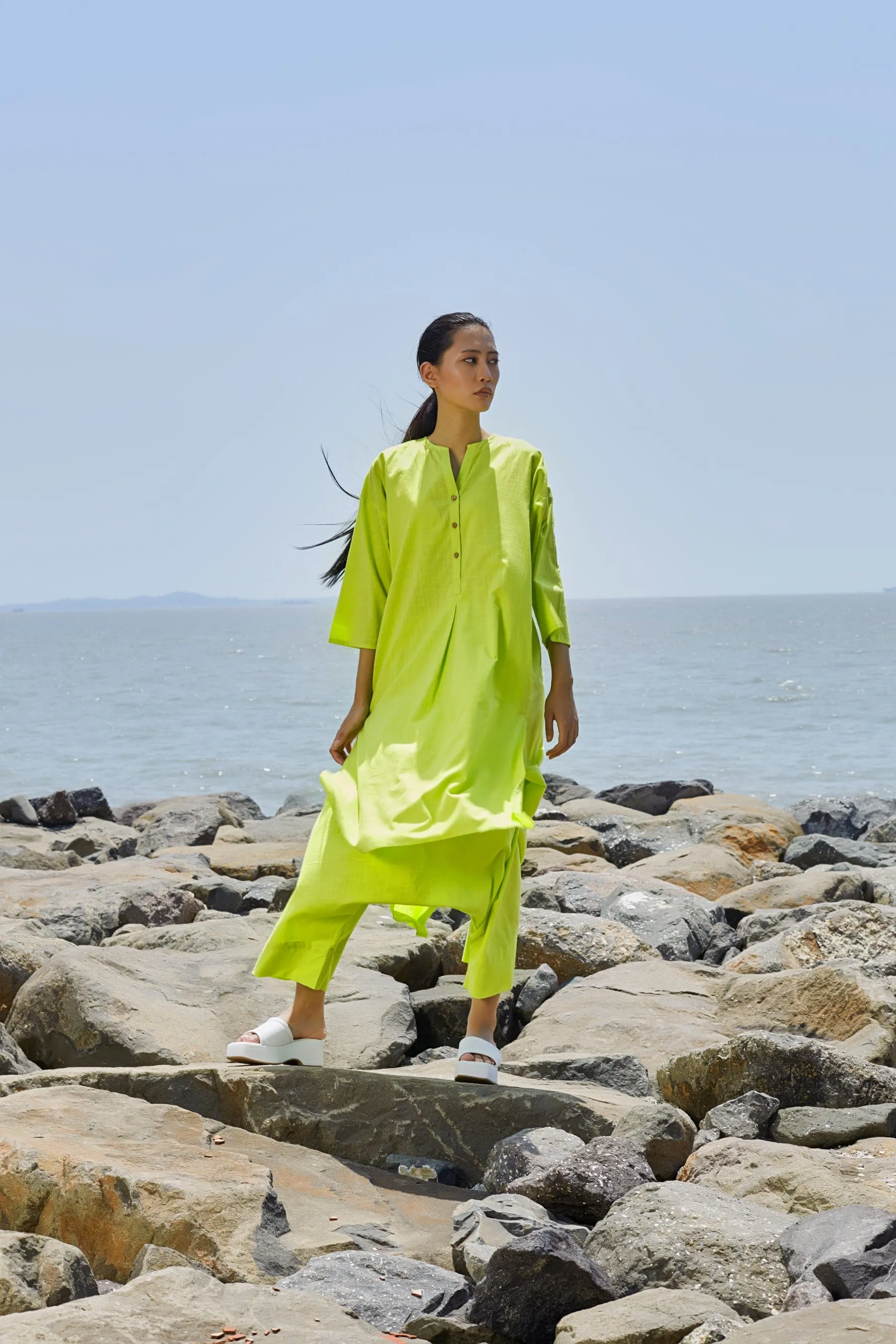 Neon Green Placket Tunic Set