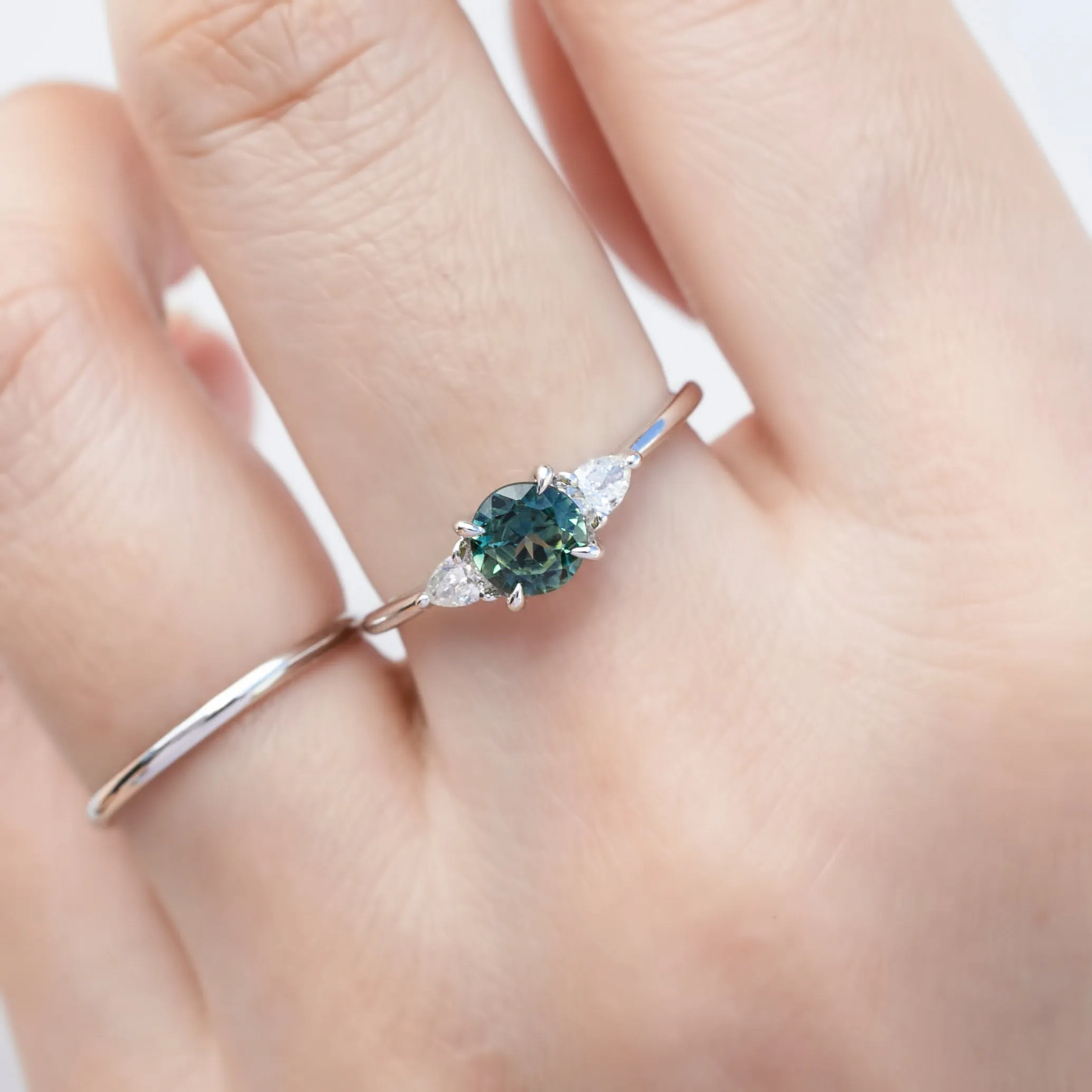 Olivia Ring 0.66ct Blue Green Queensland Round Sapphire Ring, 14k White Gold (One of a kind)