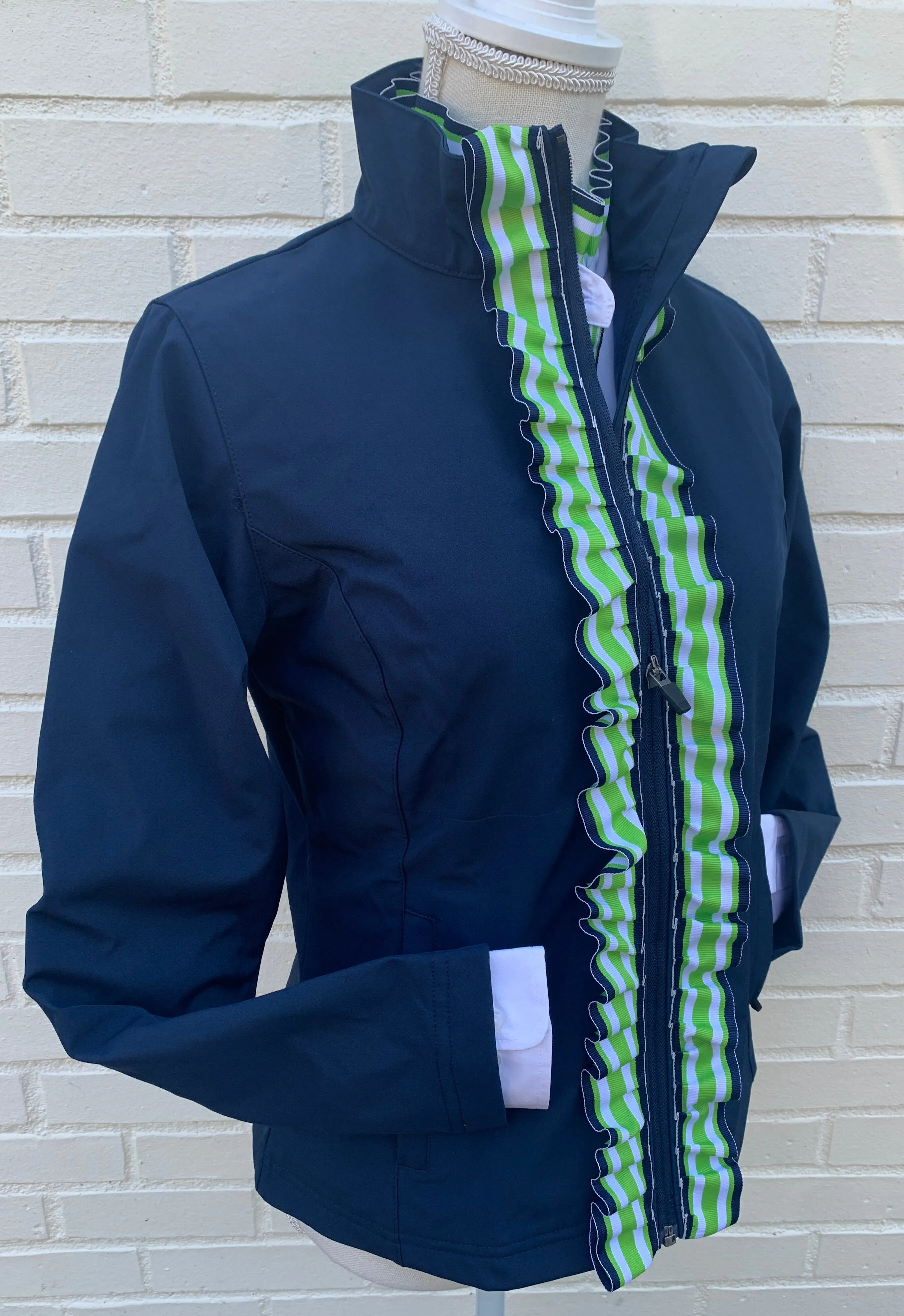 Sailor Soft Shell Jacket - Navy w Green & White Stripe Ruffle Ribbon (SLR08)