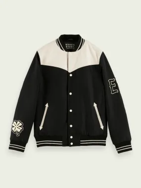 Scotch & Soda Black Varsity Jacket with Contrast Sleeves and Embroidered Details - Stylish Casual Outerwear for Men