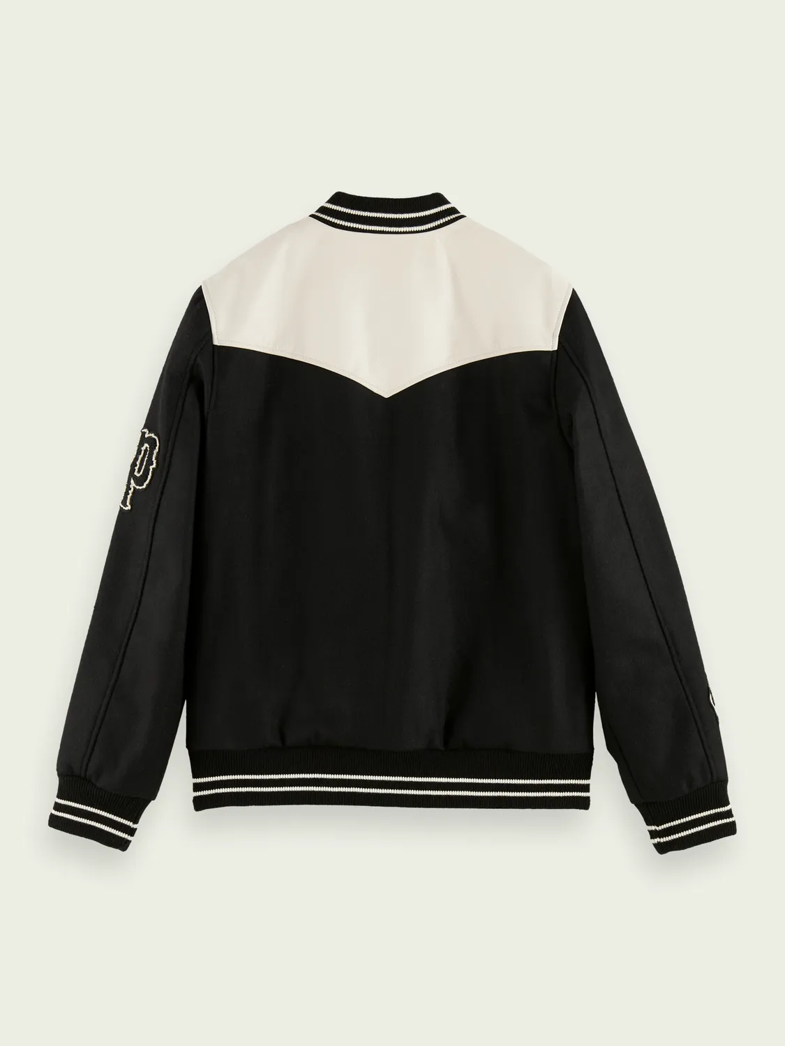 Scotch & Soda Black Varsity Jacket with Contrast Sleeves and Embroidered Details - Stylish Casual Outerwear for Men