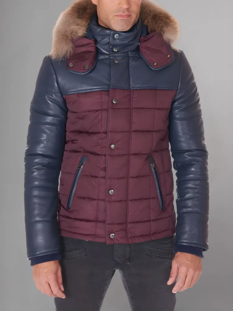 Sky Puffered Jacket hooded leather down Jacket and fabric