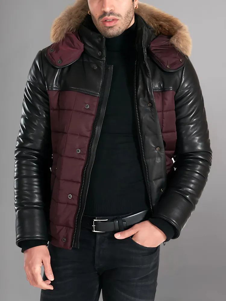 Sky Puffered Jacket hooded leather down Jacket and fabric