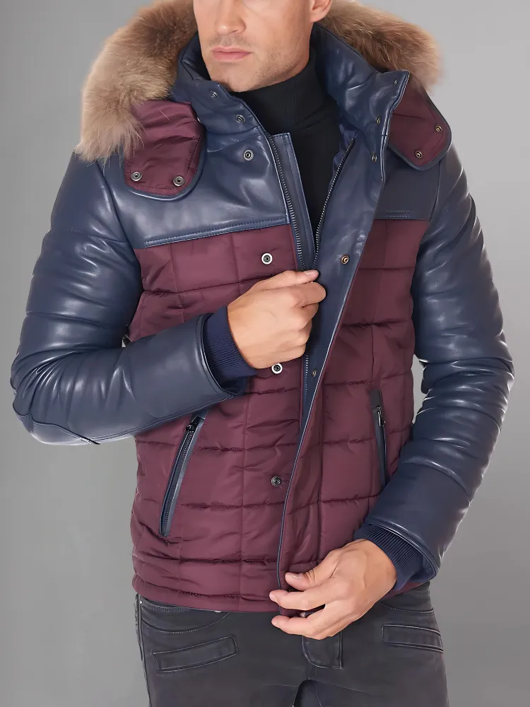 Sky Puffered Jacket hooded leather down Jacket and fabric