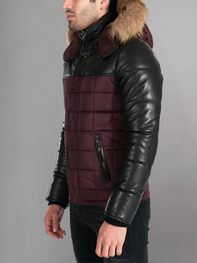 Sky Puffered Jacket hooded leather down Jacket and fabric