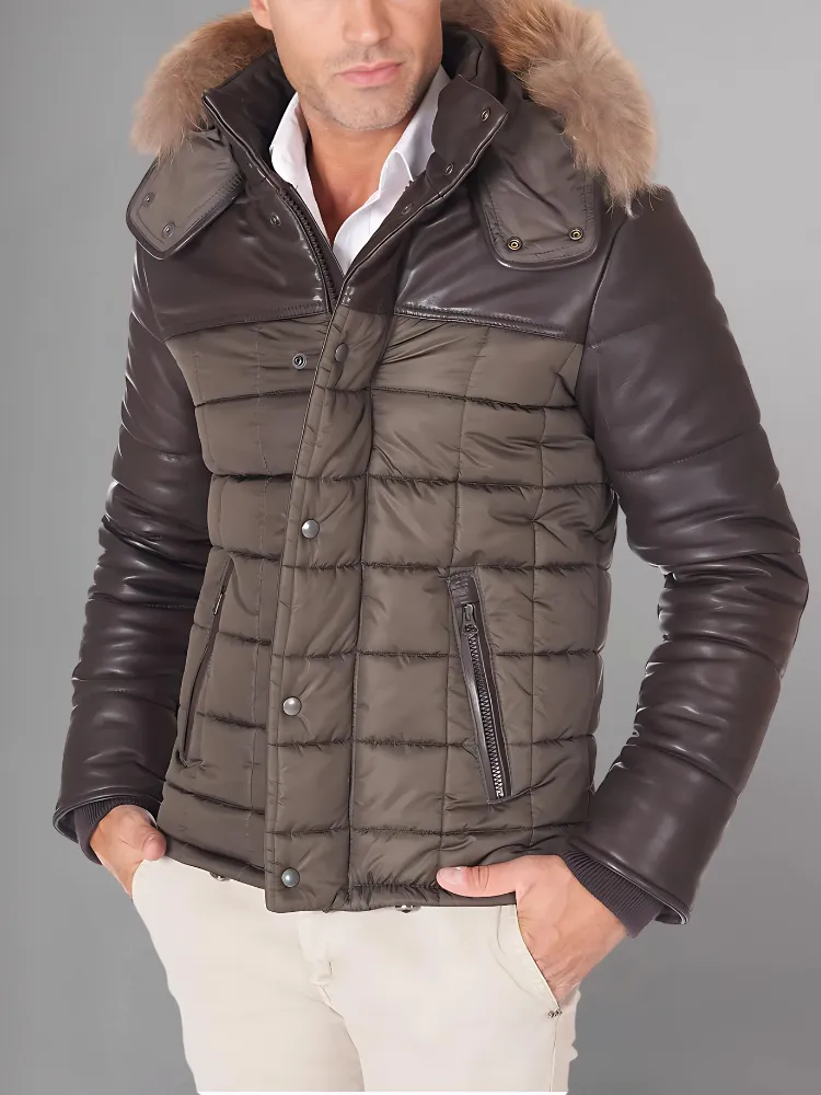 Sky Puffered Jacket hooded leather down Jacket and fabric