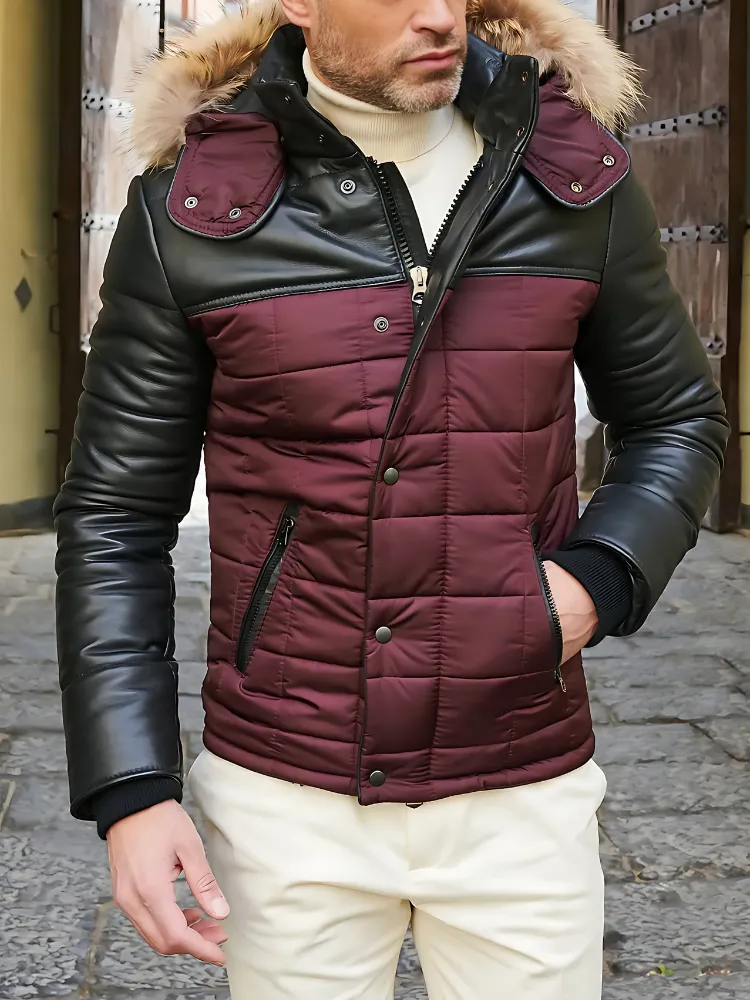 Sky Puffered Jacket hooded leather down Jacket and fabric