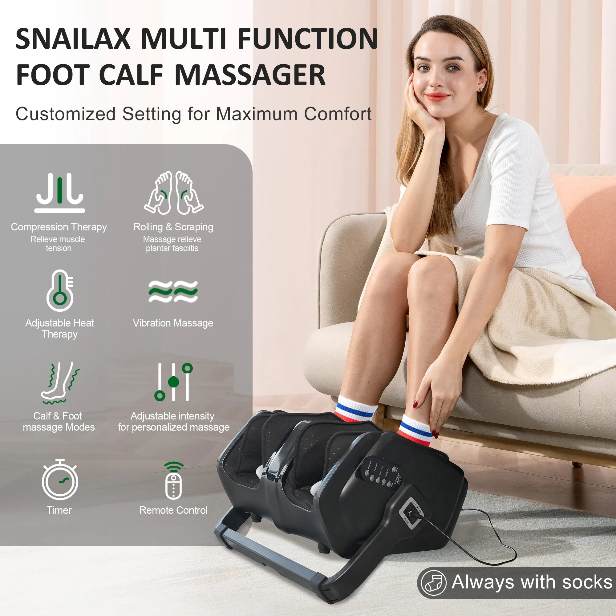 Snailax Foot Calf Massager Machine with Heat, Compression Leg Massager for Pain Relief--5K657