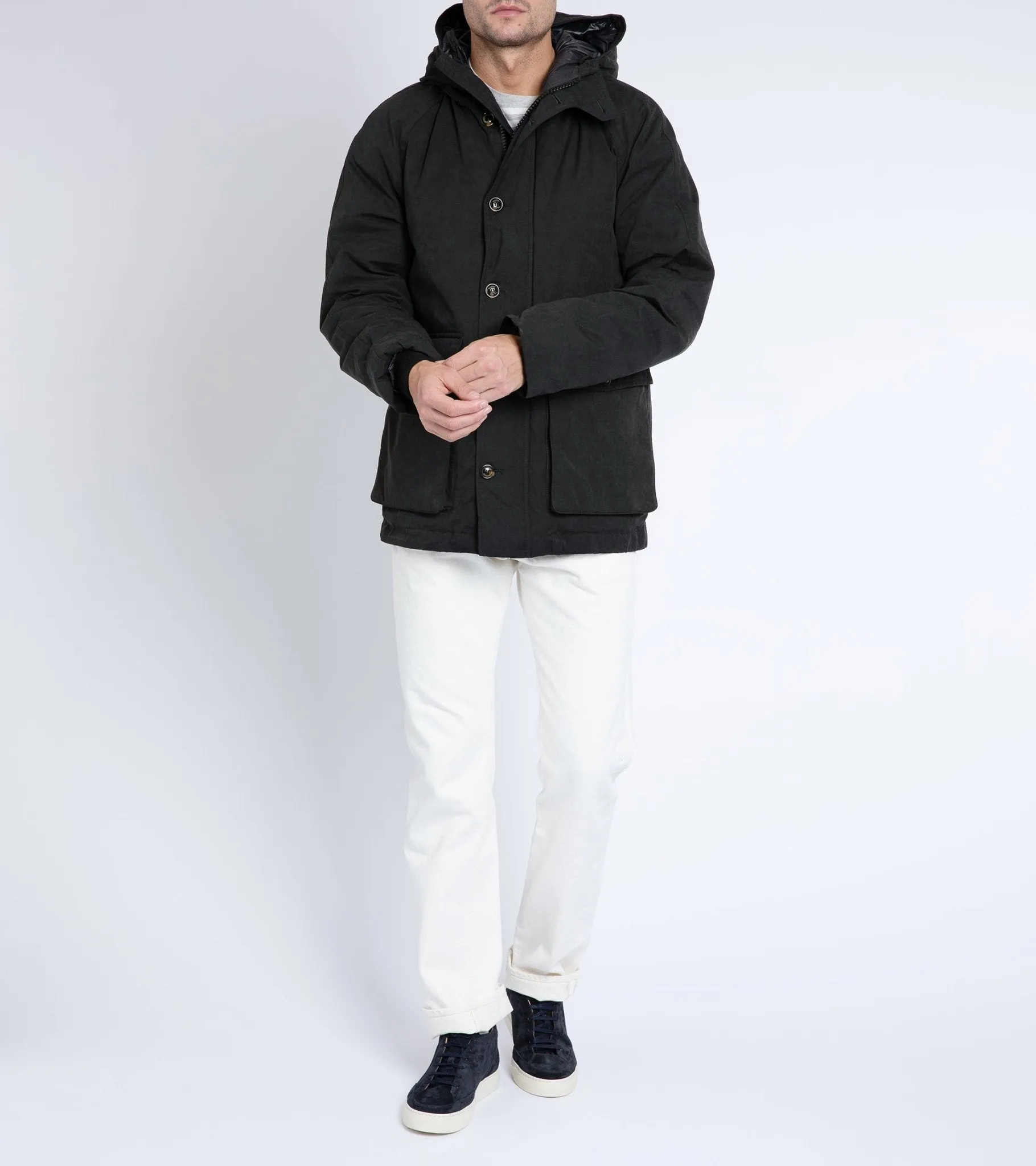 Valstar Waxed Cotton Goose Down Hooded Jacket: Navy