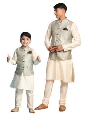 VASTRAMAY Beige Woven Jacket With Cream Kurta and Pyjama Baap Beta Set