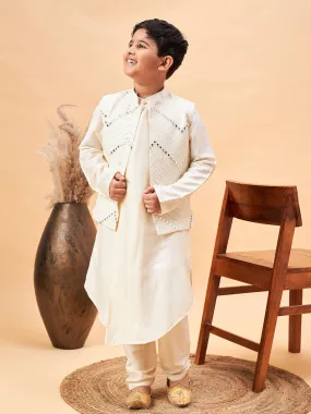 VASTRAMAY Boy's Cream Mirror Work Jacket And Pleated Kurta Pyjama Set