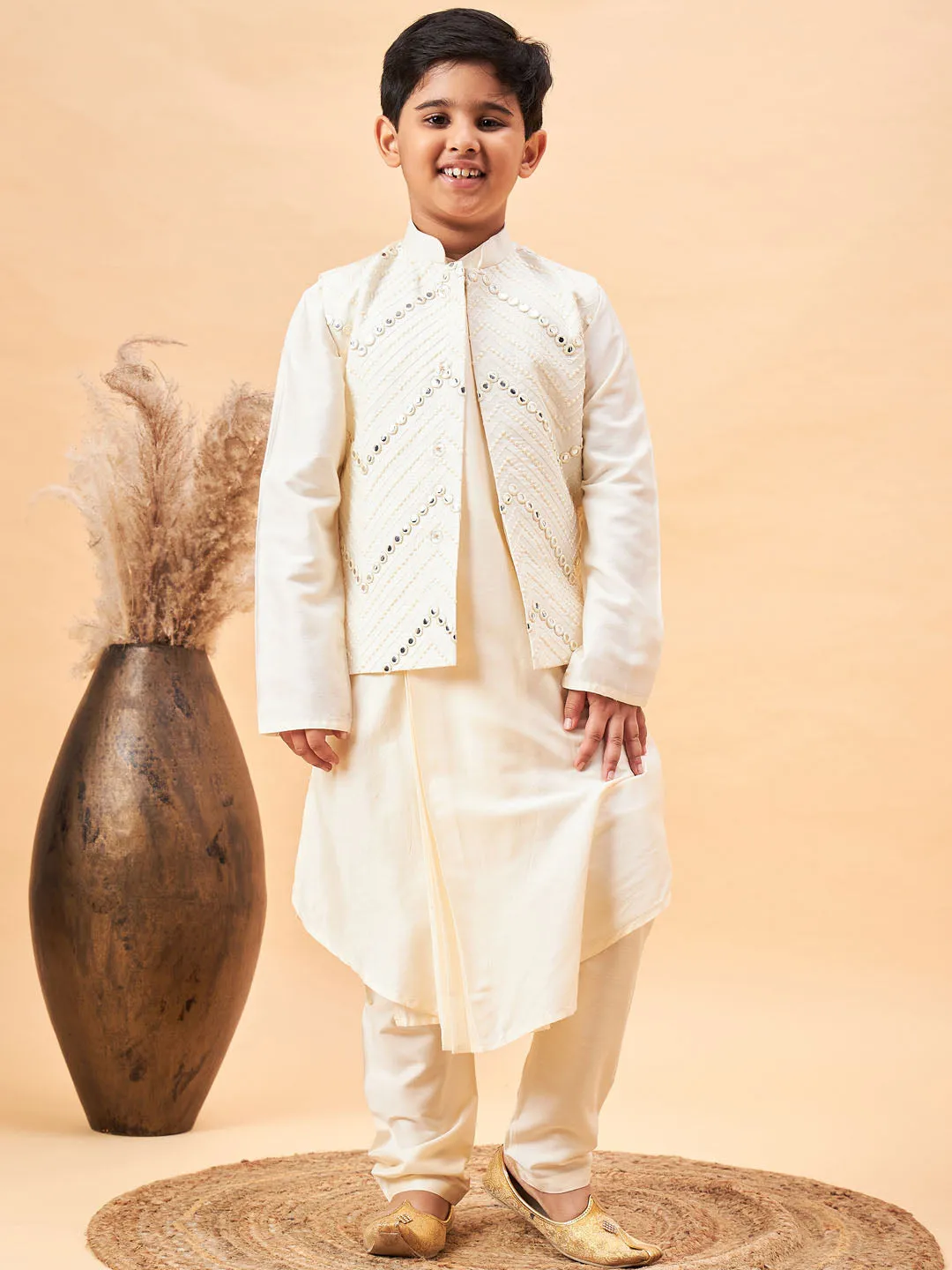 VASTRAMAY Boy's Cream Mirror Work Jacket And Pleated Kurta Pyjama Set