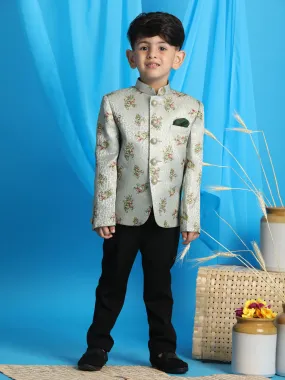 VASTRAMAY Boy's Light Green Woven Design Jodhpuri