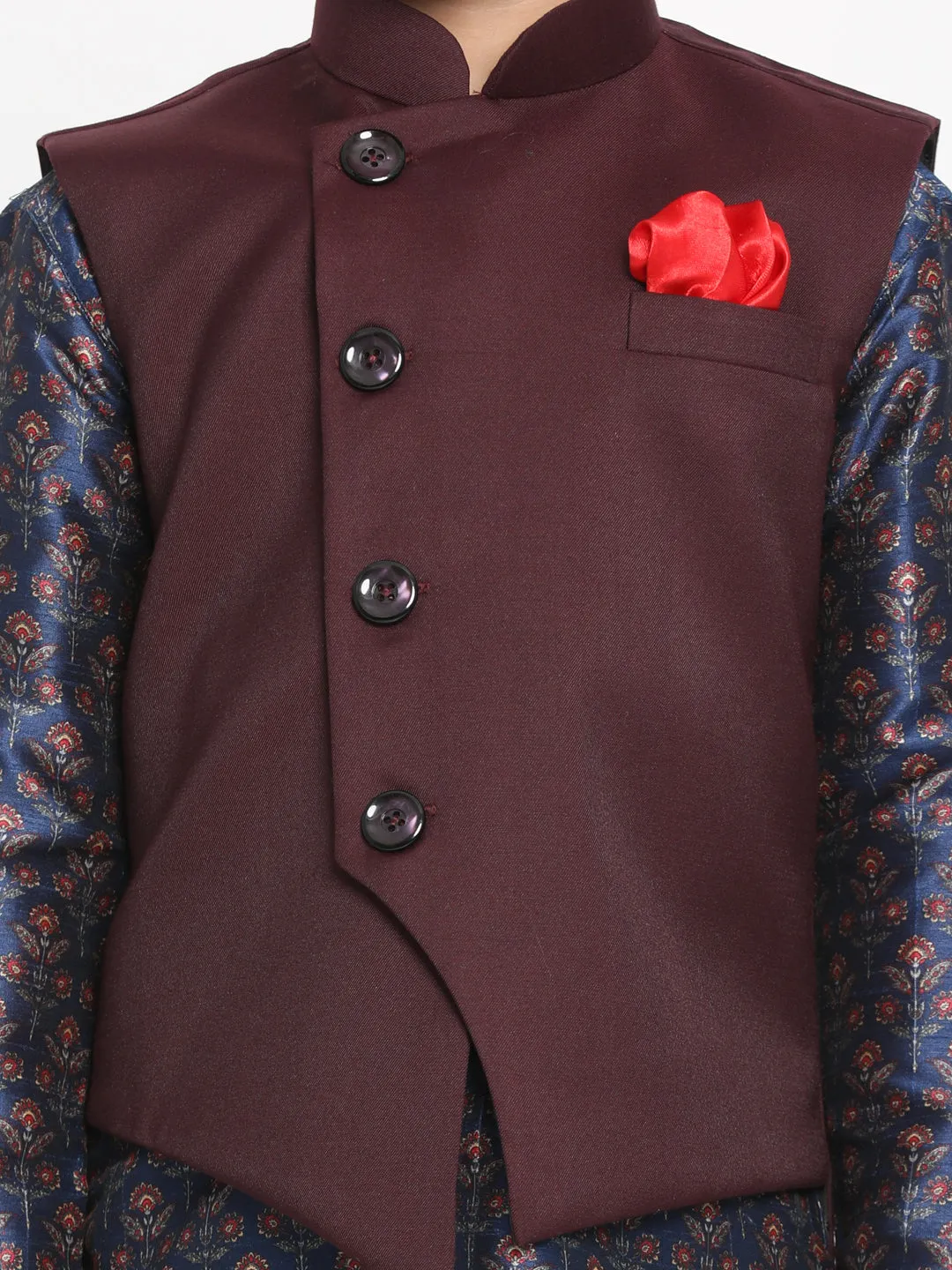 Vastramay Boy's Maroon Twill Jacket, Printed Kurta and Pyjama Set