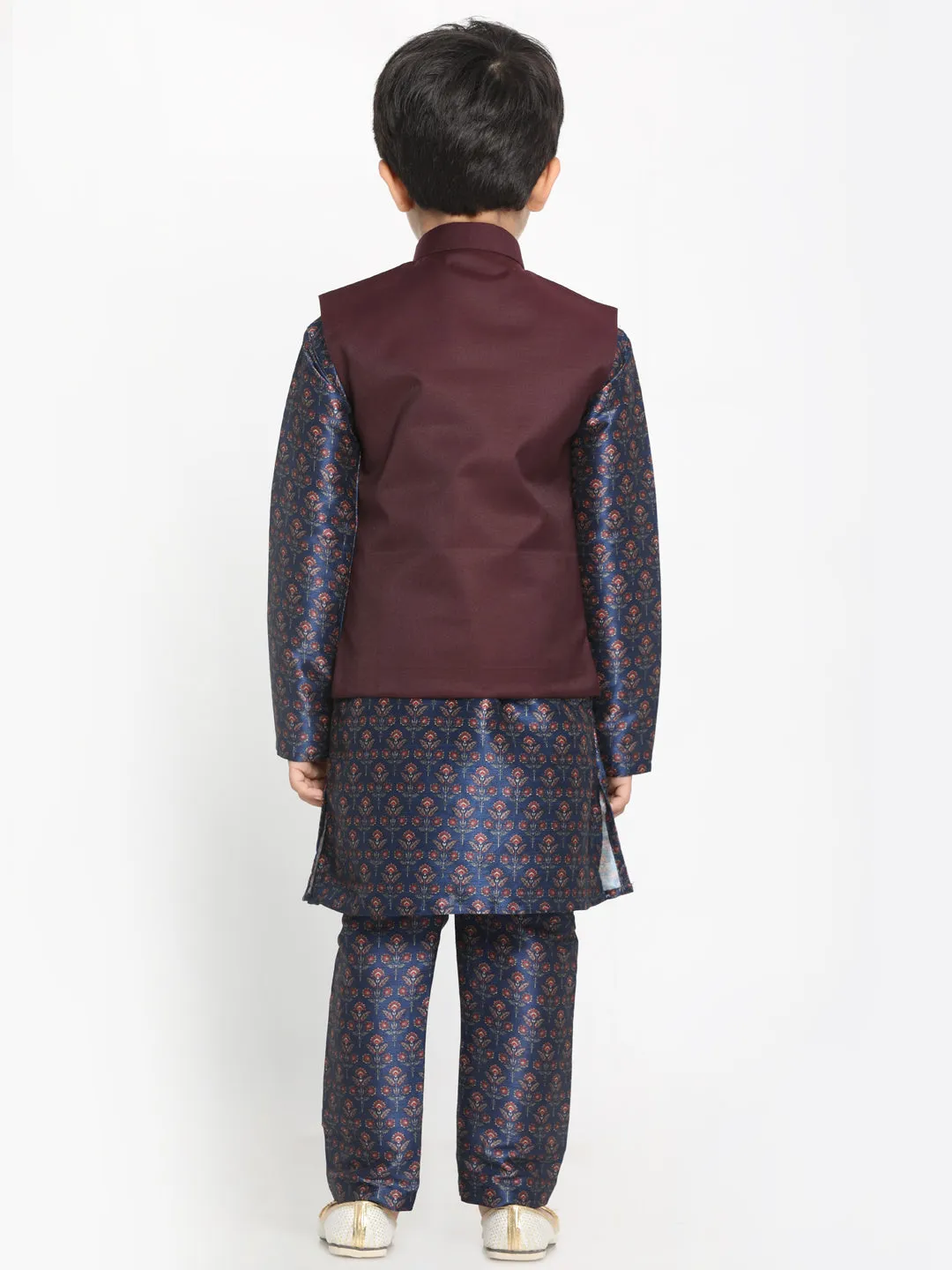 Vastramay Boy's Maroon Twill Jacket, Printed Kurta and Pyjama Set