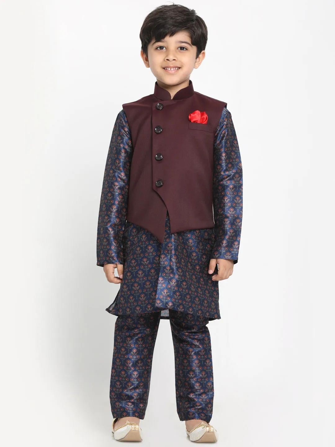 Vastramay Boy's Maroon Twill Jacket, Printed Kurta and Pyjama Set