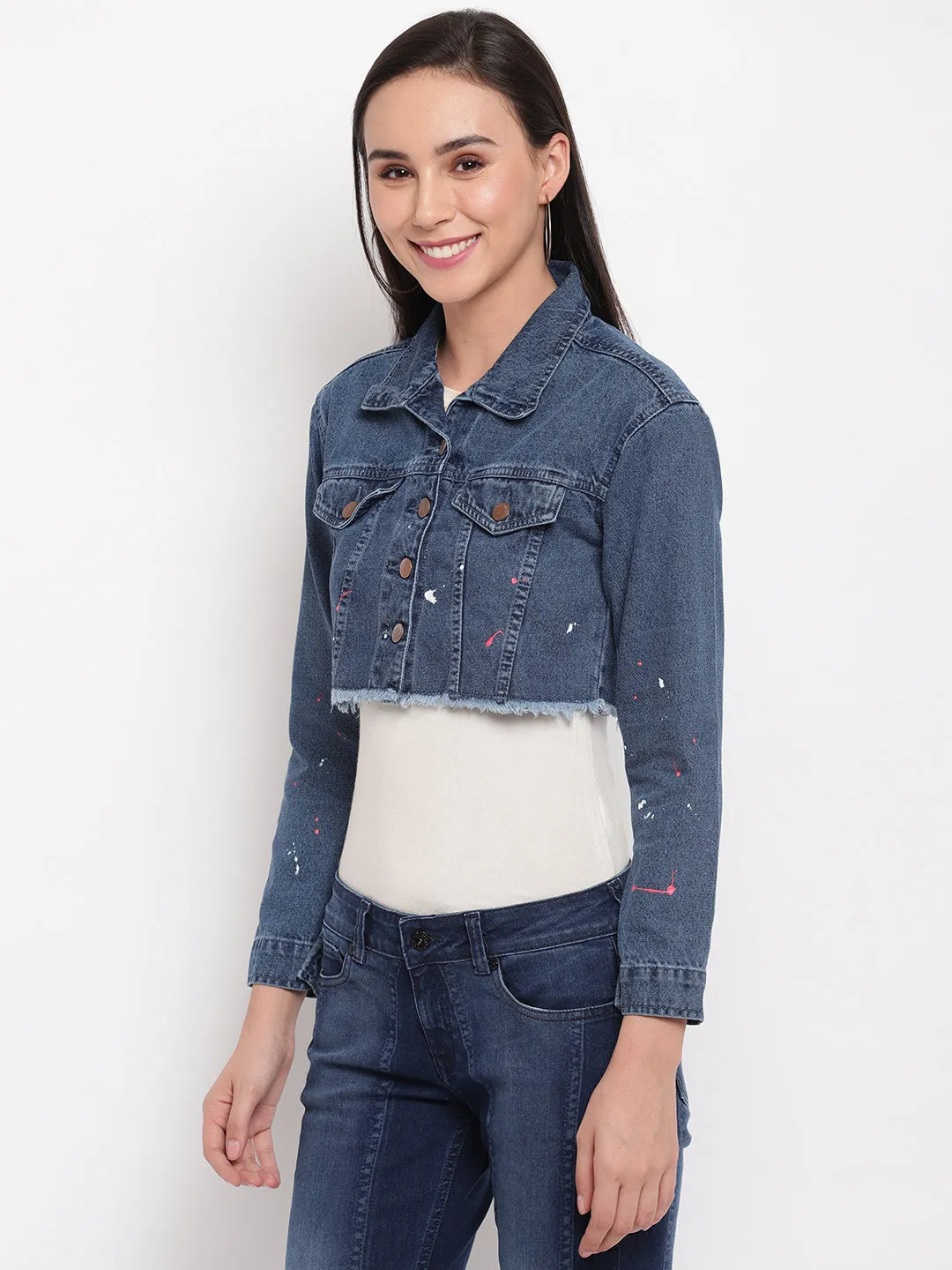 Women Dark Blue Fray Hem Cropped Denim Jacket